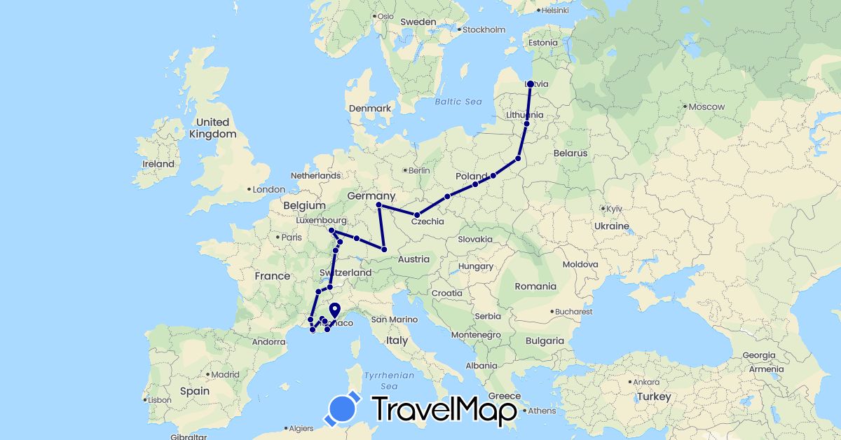 TravelMap itinerary: driving in Czech Republic, Germany, France, Lithuania, Latvia, Poland (Europe)