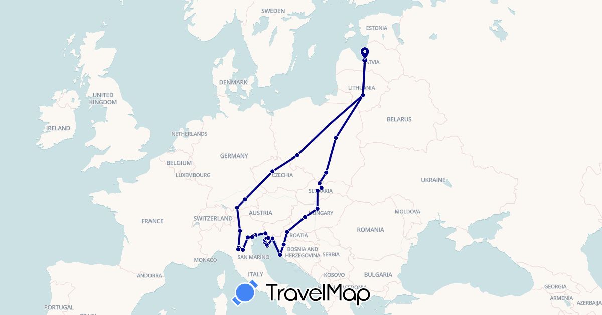TravelMap itinerary: driving in Czech Republic, Germany, Croatia, Hungary, Italy, Lithuania, Latvia, Poland, Slovakia (Europe)